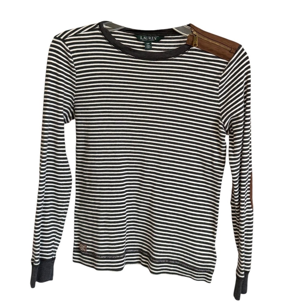 Lauren Ralph Lauren Top Womens Small Black White Striped Elbow Patch Equestrian - Picture 3 of 9